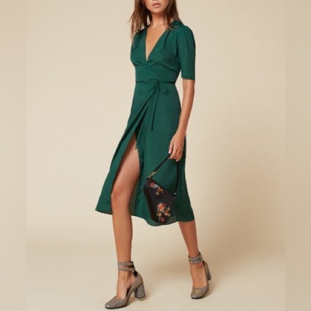 Reformation Marta Green Viscose Surplice Wrap Dress Mini Puff 1/2 Sleeves XS